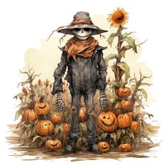 Illustration of a cute stuffed Halloween pumpkin in the garden, Scarecrow wearing a hat. Drawing for a poster or sticker.