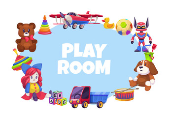 Banner with set of children toys. Round frame with copy space for text. Poster for kids play room or playground. Funny doll, plush animals and cars. Cartoon flat isolated vector concept
