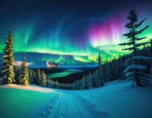 Scenic winter Norway mountain landscape with amazing Aurora northern lights at night