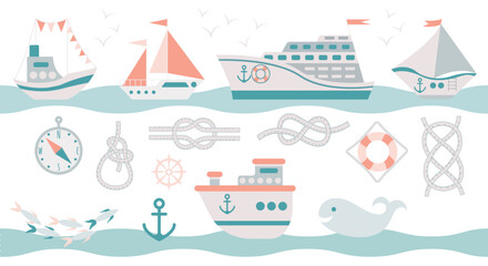 A set of marine elements for your design in flat style in pastel shades. Ships, knots, whale, fish. compass, steering wheel, anchor.Vector illustration.