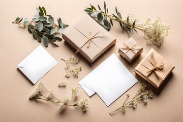 Greeting card mockup with gift box, envelope and eucalyptus and gypsophila twigs on beige background. Card mockup with copy space