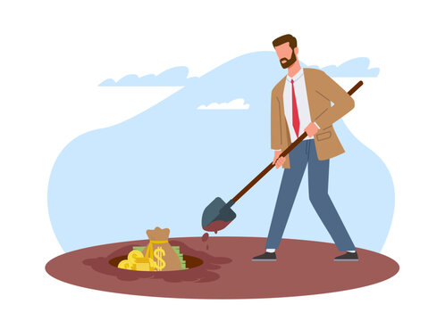 Businessman burying his money. Hiding income and savings, treasure hunting. Rich man with shovel bury pile of gold. Archeologist discovery. Cartoon flat style isolated vector concept