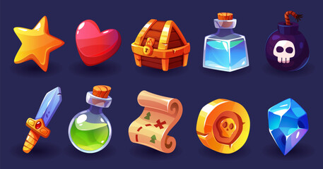 Cartoon game icons. Inventory items for gui of rpg, mobile app elements, magic potion bottles, gem stone, treasure chest and map, sward and heart. Slot symbols. Tidy vector set © YummyBuum