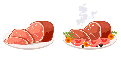 Raw cooked beef meat pork bbq grill meal isolated concept. Vector flat graphic design illustration