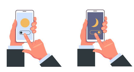 Hand hold phone with day and night mode app screen isolated set. Vector flat graphic design illustration