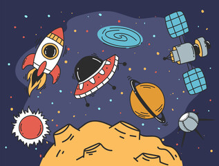 Moon cartoon space surface planet galaxy universe concept. Vector flat graphic design illustration