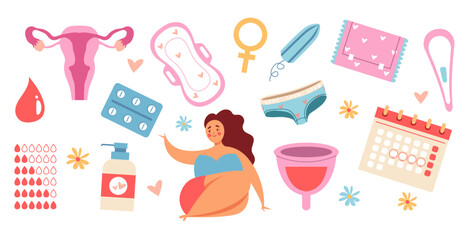 Menstruation period menstrual woman sanitary protection isolated set. Vector flat graphic design illustration