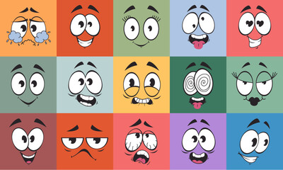 Cartoon character face expression facial emoticon isolated set. Vector flat graphic design illustration