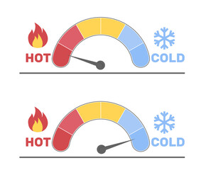 Cold and hot temperature sensor readings. Speedometer, radial gauge scale from blue to red with arrow hand pointer. Colored measuring semicircle scale. Cartoon flat style vector concept - obrazy, fototapety, plakaty