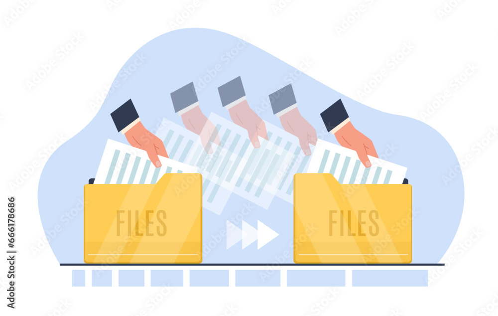 Aufkleber copying files, moving text documents from one folder to another. hand hold folders. transmission pro