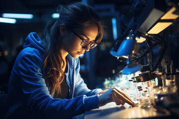 Female scientists analyzing data in a modern laboratory. Concept of science, health and well-being. Generative AI