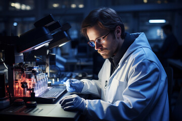 Male scientists analyzing data in a modern laboratory. Concept of science, health and well-being. Generative AI