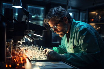 Male scientists analyzing data in a modern laboratory. Concept of science, health and well-being. Generative AI