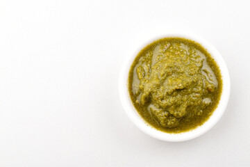 Top view of green chutney isolated on white background