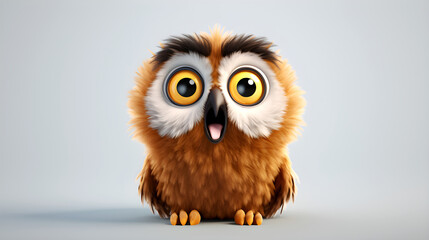 Naklejka premium Cute owl with big yellow eyes, fluffy brown and white feathers, open beak, and tiny feet on a light background