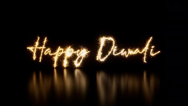 Holiday Banner with Happy Diwali Text on Black. Animated Gold Sparkler Firework Caption. Seamless Loop.
