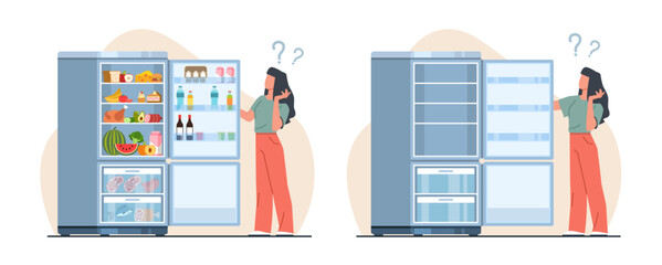 Girl stands by refrigerator full and empty. Female character looking in open fridge. Different products water, milk, fruit and vegetable, cartoon flat style isolated vector concept