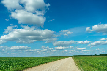 A dry sandy road passes through a field under the scorching sun and clouds. Dirt road outside the city in the village. Arid climate on earth. Climate change and its consequences.