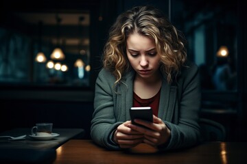 perplexed woman watching online content on phone - obrazy, fototapety, plakaty