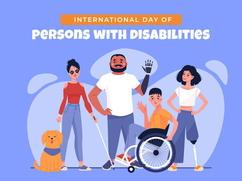 International day of persons with disabilities. Social poster, smiling people, wheelchair and prosthesis, blindness, woman with dog. Positive attitude, cartoon flat illustration. Vector concept