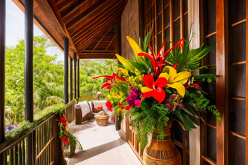 Fototapeta na wymiar The vivid colors and intricate textures of a bouquet of tropical flowers, including hibiscus, orchids, and calla lilies, arranged in a wicker basket on a veranda of eco-lodge overlooking the ocean