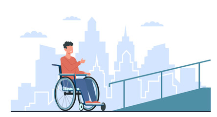 Man in wheelchair rejoices at presence of ramp. Comfortable urban environment for disability people. Accessibility and inclusivity. Access building cartoon flat isolated vector concept - obrazy, fototapety, plakaty