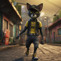 Gato vestido de ropero caminando por las calles de favela de brasil, noche, ilustración animada 3d, creación de AI
