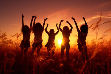 Fototapeta premium A large gathering of individuals celebrating triumph on a beach field. The backdrop boasts serene lakes and majestic beach area illuminated by the setting sun. Generative AI.