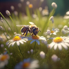 Ilustración creada por AI abeja posando sobre la flor margarita en una pradera hermosa