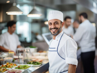 Fototapeta na wymiar Portrait photo of the chef in the kitchen chef, portrait, cook, food, kitchen, person, happy, cooking, uniform, people, professional, hat, restaurant, job, adult, smiling, smile, profession, occupati
