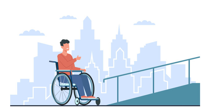 Man in wheelchair rejoices at presence of ramp. Comfortable urban environment for disability people. Accessibility and inclusivity. Access building cartoon flat isolated vector concept