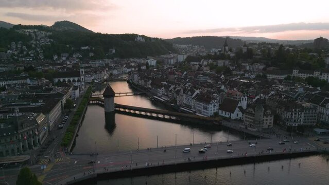 drone footage of Lucerne at sunset