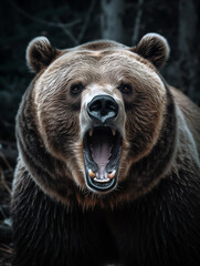 Close up portrait of an angry grizzly bear in a forest illustrated using generative Ai