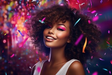 Obraz na płótnie Canvas A vibrant woman with a wild magenta smile and ringlet curls, adorned in bold fashion and colorful confetti, radiates confidence and joy