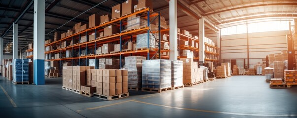 Warehouse. Product distribution center. Retail warehouse full of shelves with goods in cartons, with pallets and forklifts. Logistics and transportation concept.