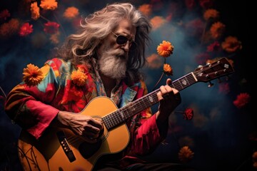 Obraz premium A musician's fingers dance across the strings of his guitar, pouring out soulful melodies that electrify the crowd at the vibrant concert