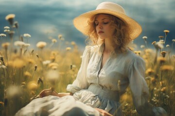 A whimsical woman in a vibrant hat sits among a sea of blooming flowers, embracing the beauty and freedom of nature on a warm summer day