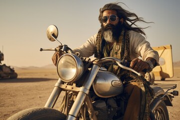 A rugged rider with windswept hair and a bushy beard cruises through the open sky, his motorbike's tire gripping the ground beneath him as he dons a leather jacket and helmet, embodying the free spir