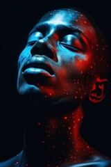 A bold and striking portrait of a person with their face painted in a mix of vibrant blue and fiery red, evoking thoughts of art and statues in a dark and captivating style