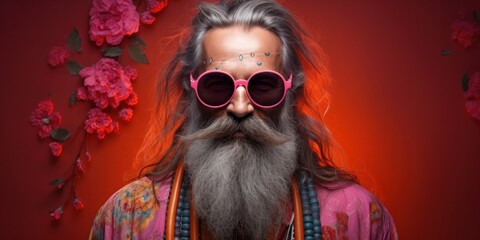 In the dimly lit room, a flamboyant figure with a wild mane and vibrant pink shades sat with a striking red flower tucked behind his ear, his moustache adding to his eccentric charm as he adjusted hi - obrazy, fototapety, plakaty