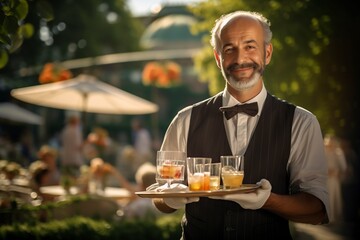 mature waiter serving drinks on a summer day - obrazy, fototapety, plakaty