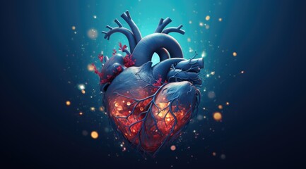 Artistic glowing heart organ against blue background with blurry lights medical abstract background for artistic preventive healthcare heart representation