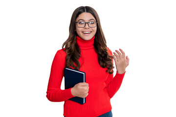Naklejka premium workbook for homework. teen girl study to get knowledge. teen girl study school homework. back to school. school girl with homework. self study concept. university clever student