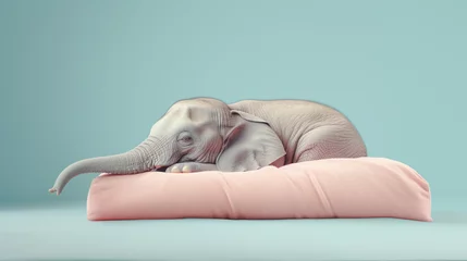 Foto op geborsteld aluminium Olifant A very cute little elephant lies on a pink bed. Image of a cute, minimalist watercolor style. Generative ai