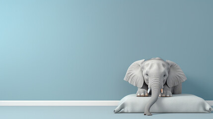 A very cute little elephant lies on a blue bed. Image of a cute, minimalist watercolor style. Generative ai