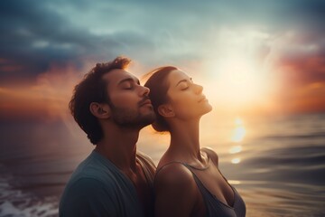 man and woman couple breathing deep fresh air