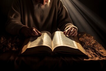 man with an open bible reading - obrazy, fototapety, plakaty
