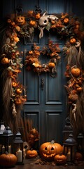 A wonderfully door decorated with pumpkins for Halloween. Generative AI