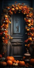 A wonderfully door decorated with pumpkins for Halloween. Generative AI