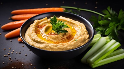 hummus with carrot and celery sticks on a dark stone tabletop.
